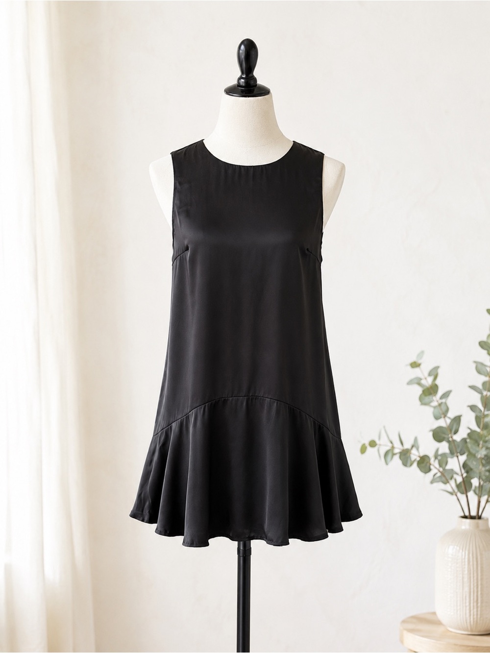 41 Hawthorn Black Satin Slip Shift Dress Petite Small Sleeveless Flounce Hem NWT